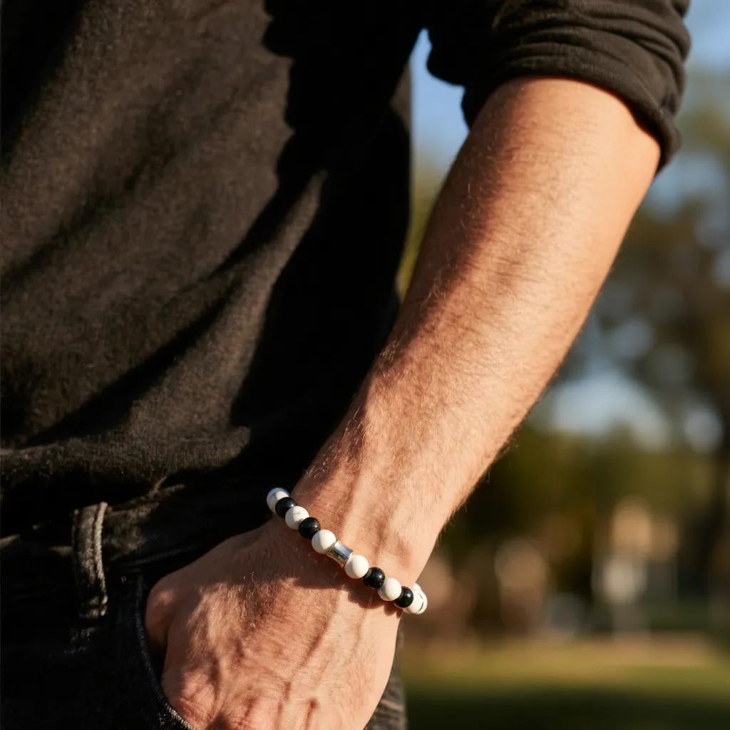 Bracelet masculin en onyx noir et howlite blanche avec intercalaires en acier inoxydable