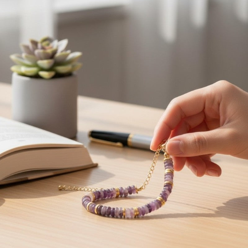 Gros plan des perles plates 6 mm en améthyste du bracelet DISQUE®, à la couleur violet profond