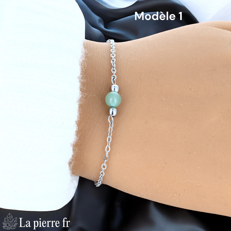 Bracelet aventurine verte modèle une perle de 6 mm sur chaîne fine argentée