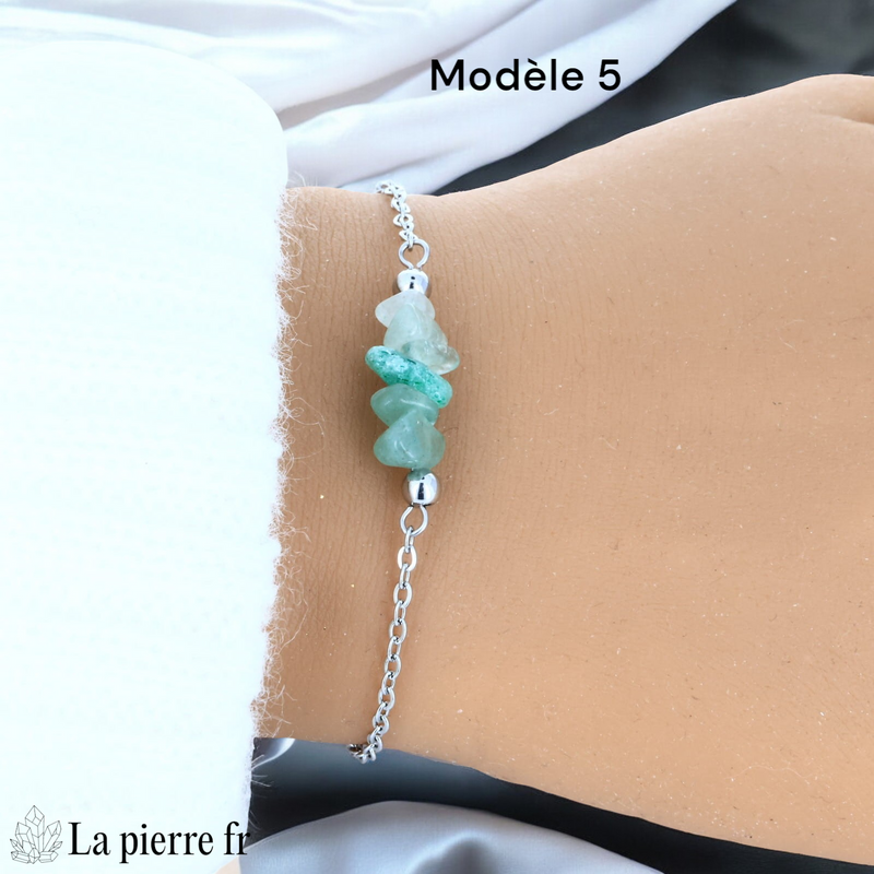 Bracelet aventurine verte brute d'environ 2 cm sur chaîne argentée