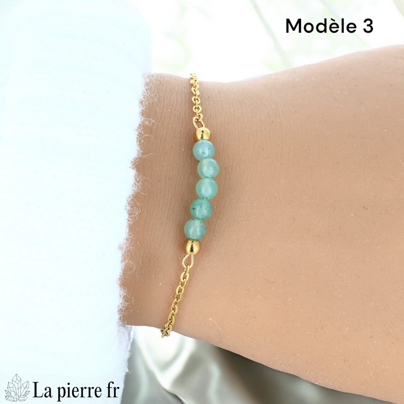 Bracelet aventurine verte modèle cinq perles de 4 mm sur chaîne fine dorée