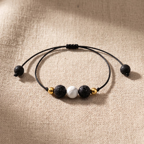 Bracelet Pierre Blanche LAVIA®, Howlite et Pierre de Lave, Cordon Coulissant