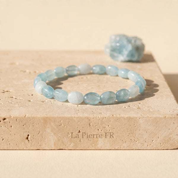 Bracelet en aigue-marine bleu clair, pierres roulées naturelles, idée cadeau