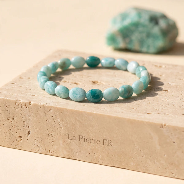 Bracelet apaisant en amazonite bleu vert, pierres roulées naturelles sur travertin