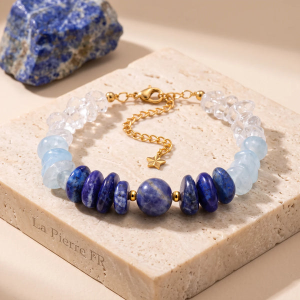 Bracelet lapis-lazuli, sodalite et aigue-marine sur chaîne dorée, bijou en pierre bleue naturelle