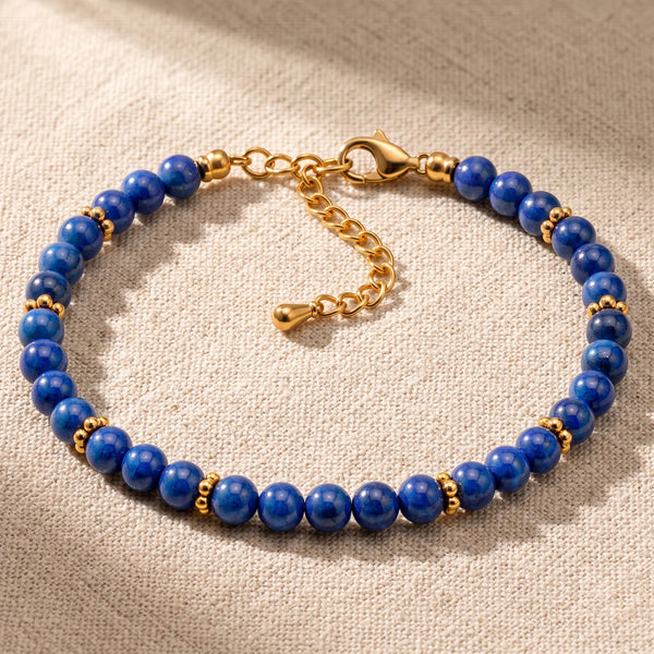 Bracelet pierre naturelle bleue ORÉLIA® en perles de lapis-lazuli de 4 mm, rondelles fleurs dorées