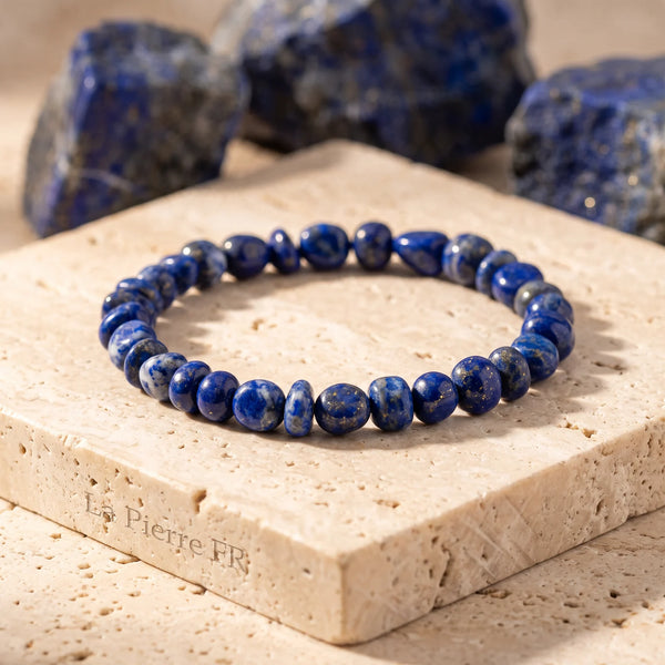 Bracelet lapis lazuli en pierres roulées bleu outremer sur travertin, idée cadeau