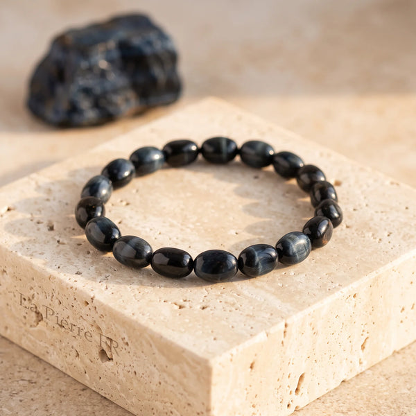 Bracelet œil de faucon en pierres roulées bleu nuit sur travertin, bijou homme et femme
