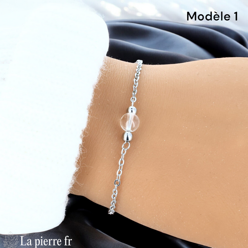 Bracelet cristal de roche modèle une perle de 6 mm sur chaîne fine argentée