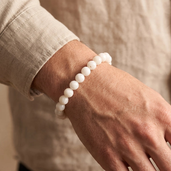 Bracelet pierre de lune homme en perles de 8 mm, pierre blanche naturelle au poignet