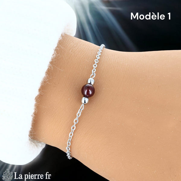 Bracelet grenat modèle une perle de 6 mm sur chaîne fine argentée