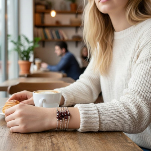 Bracelet en grenat et chaîne argentée, vue d'ensemble