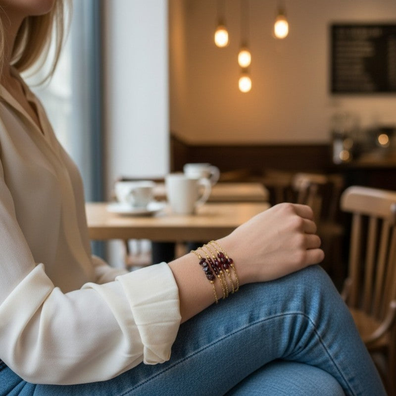Bracelet en grenat et chaîne dorée en acier inoxydable, vue d'ensemble