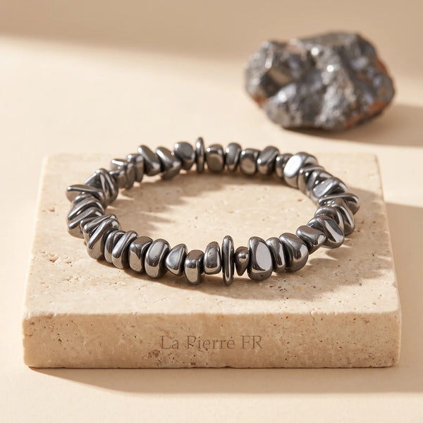 Bracelet en hématite grise, pépites baroques aux reflets argentés pour homme et femme
