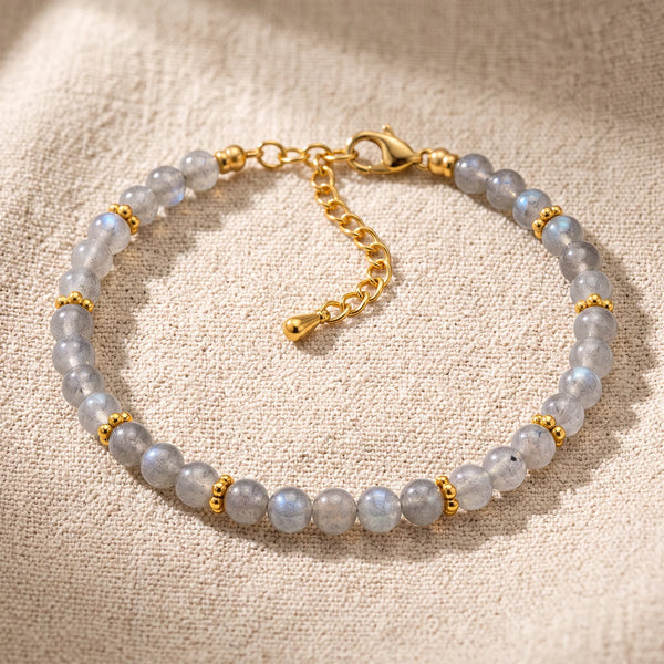 Bracelet pierre naturelle grise ORÉLIA® en perles de labradorite de 4 mm, rondelles fleurs dorées