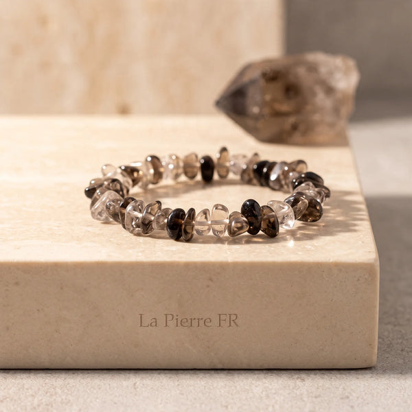 Bracelet en quartz fumé véritable, pépites translucides grises et brunes sur élastique
