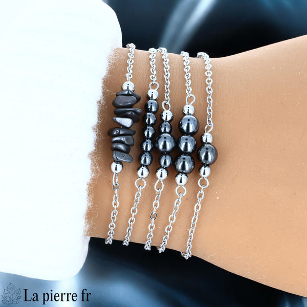 Bracelet en hématite naturelle à éclat métallique sur chaîne argentée en acier inoxydable
