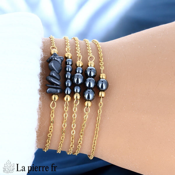 Bracelet en hématite naturelle à éclat métallique sur chaîne dorée en acier inoxydable
