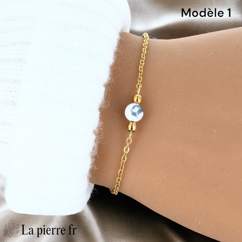 Bracelet howlite modèle une perle de 6 mm sur chaîne fine dorée