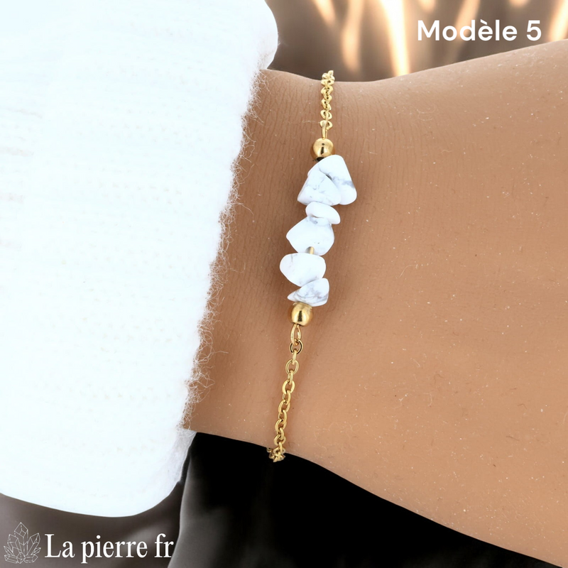 Bracelet howlite blanche brute d'environ 2 cm sur chaîne dorée