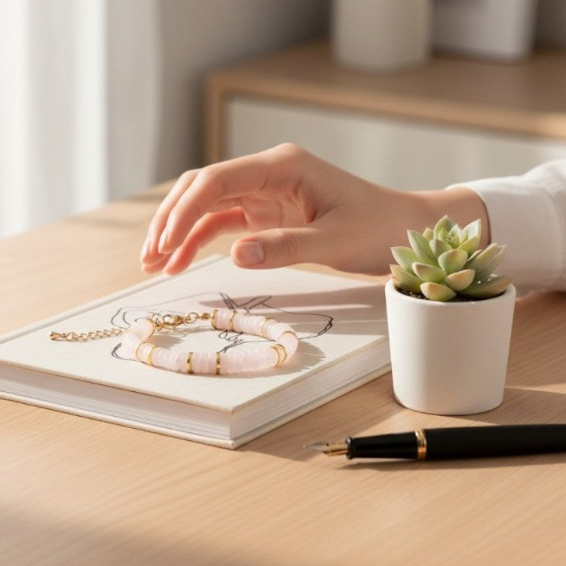 Gros plan des perles plates 6 mm en jade blanc du bracelet DISQUE®, d'un blanc laiteux et doux