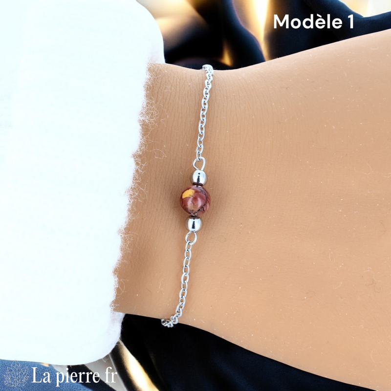 Bracelet jaspe mokaïte modèle une perle de 6 mm sur chaîne fine argentée