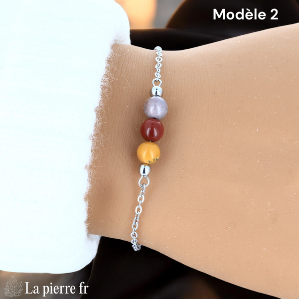Bracelet jaspe mokaïte modèle trois perles de 6 mm, chaîne argentée