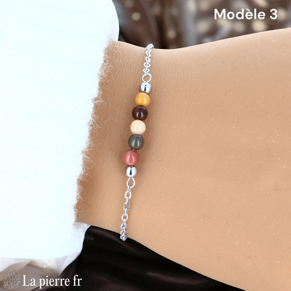Bracelet jaspe mokaïte modèle cinq perles de 4 mm sur chaîne fine argentée