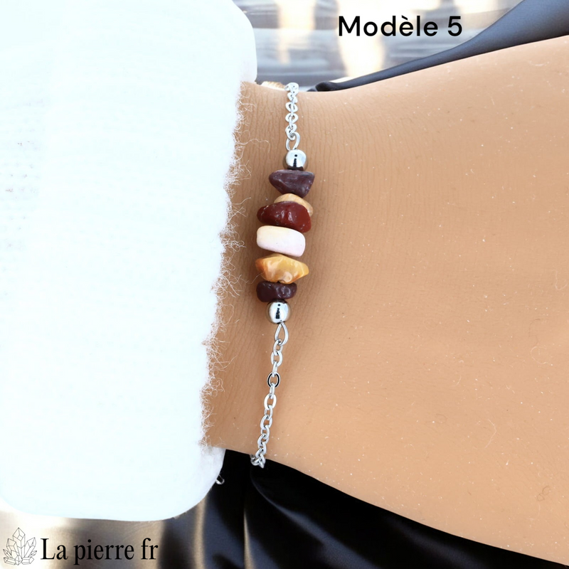 Bracelet jaspe mokaïte brut d'environ 2 cm sur chaîne argentée