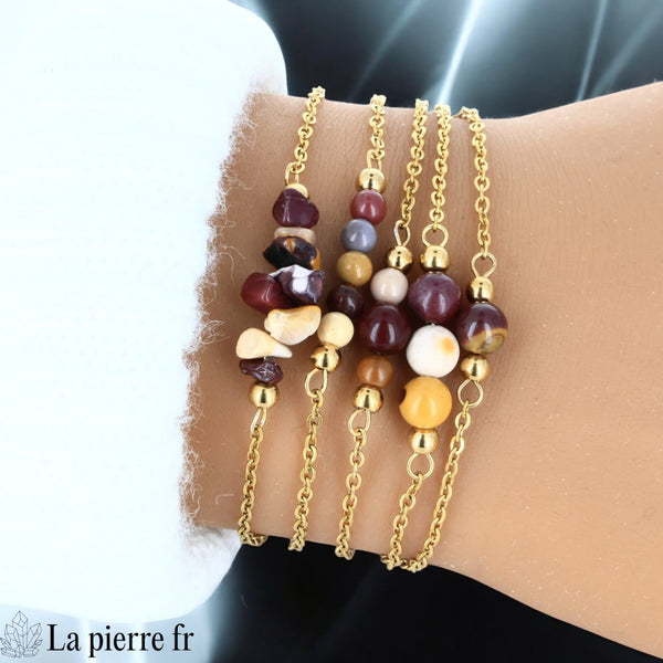 Bracelet en jaspe mokaïte naturel sur chaîne dorée en acier inoxydable
