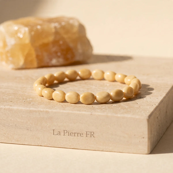 Bracelet en calcite miel jaune crème, pierres roulées naturelles, idée cadeau