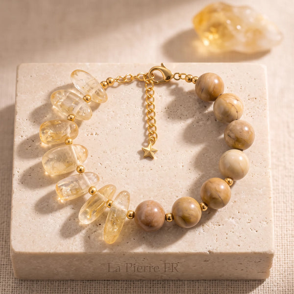 Bracelet citrine et bois fossile sur chaîne dorée, bijou en pierre jaune naturelle pour femme
