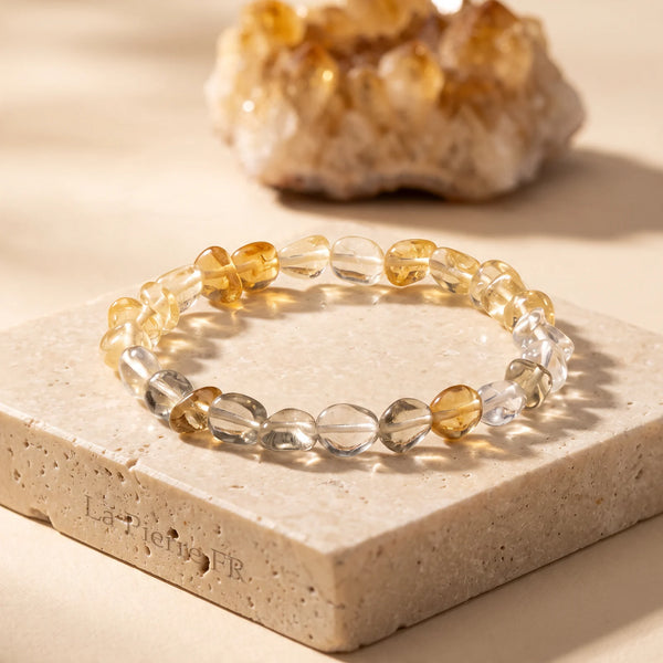 Bracelet pierre jaune en citrine roulée sur un bloc de travertin, bijou d'abondance en pierre naturelle