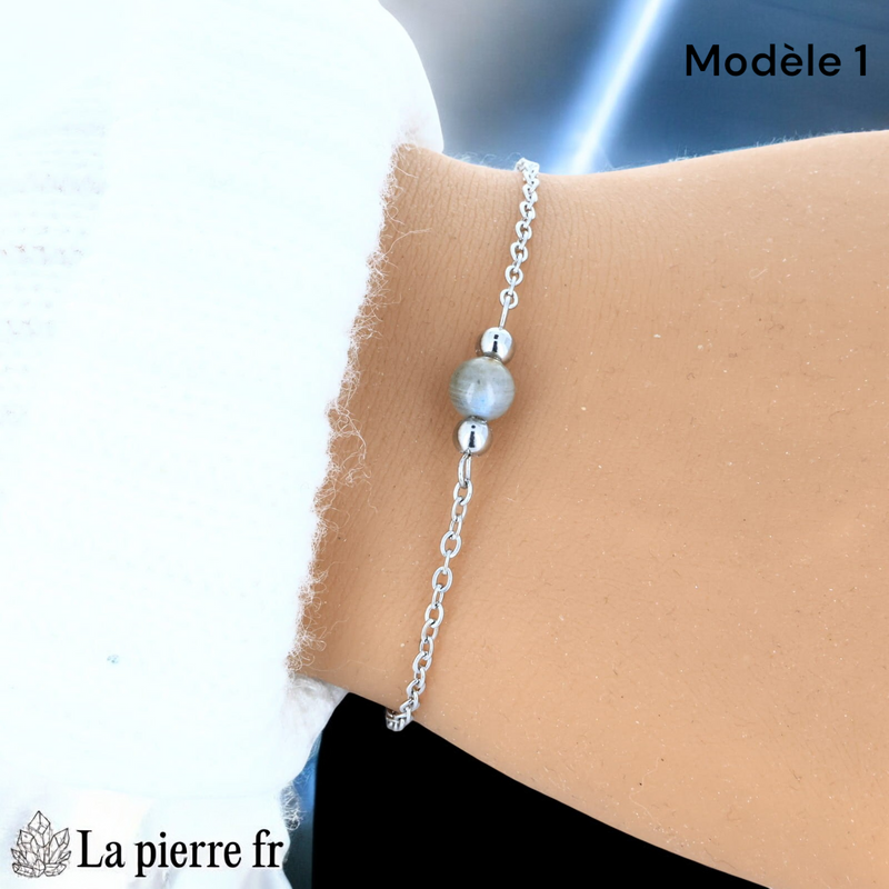 Bracelet labradorite modèle une perle de 6 mm sur chaîne fine argentée