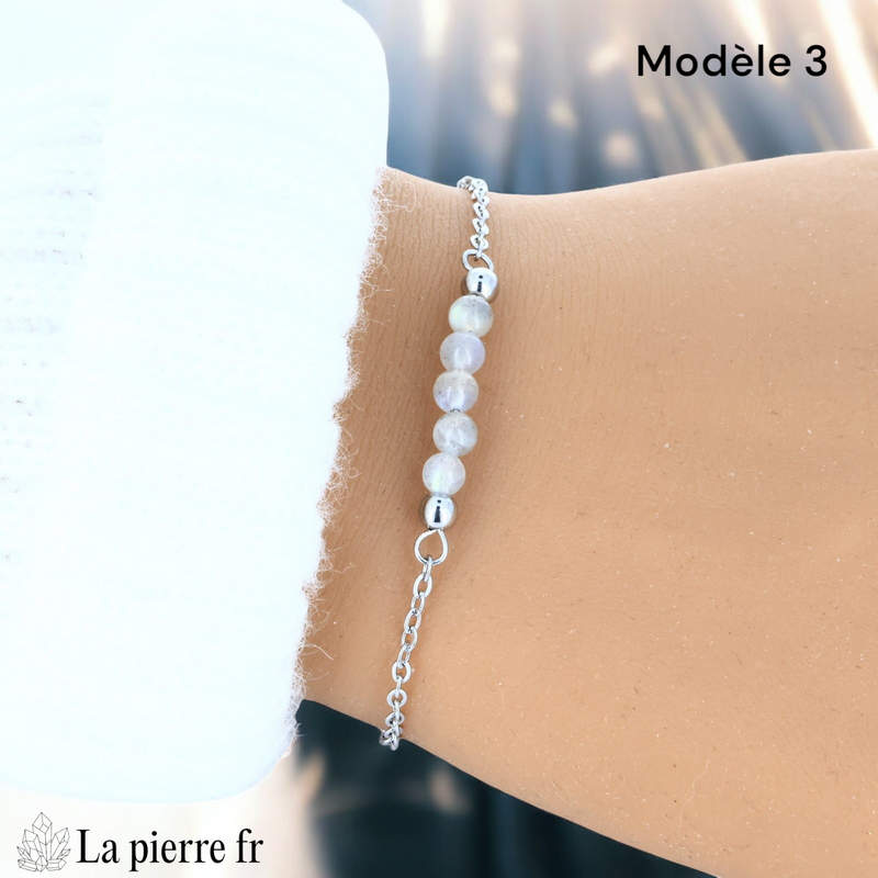 Bracelet labradorite modèle cinq perles de 4 mm sur chaîne fine argentée