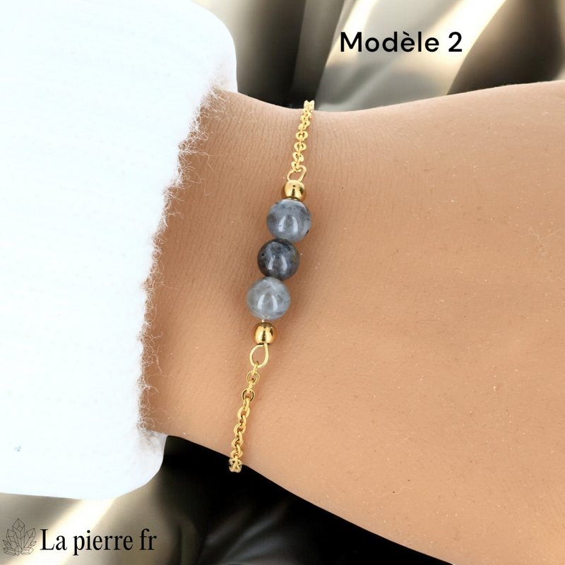 Bracelet labradorite modèle trois perles de 6 mm, chaîne dorée