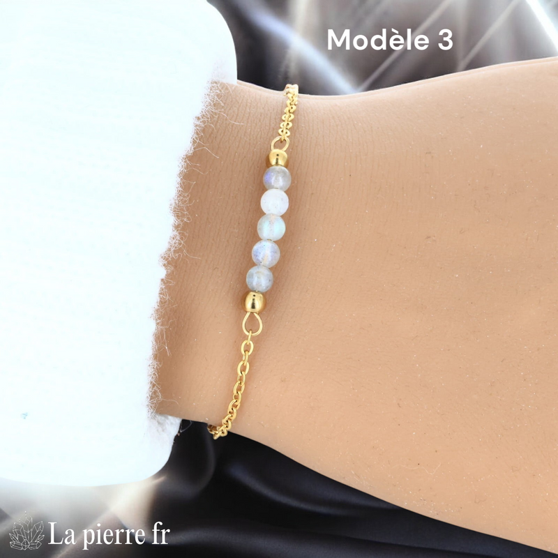 Bracelet labradorite modèle cinq perles de 4 mm sur chaîne fine dorée