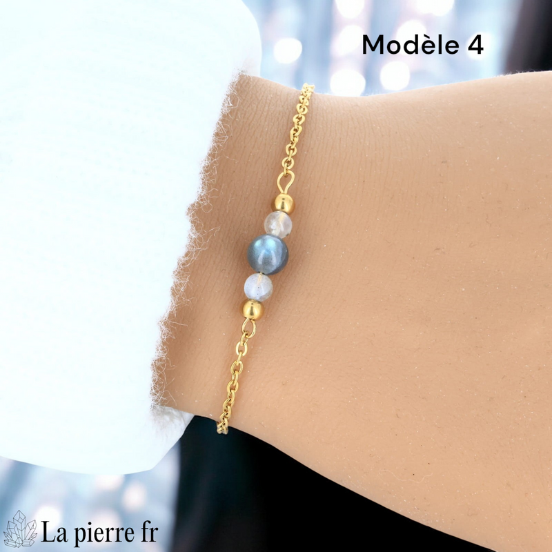 Bracelet labradorite perle centrale 6 mm encadrée de deux perles 4 mm
