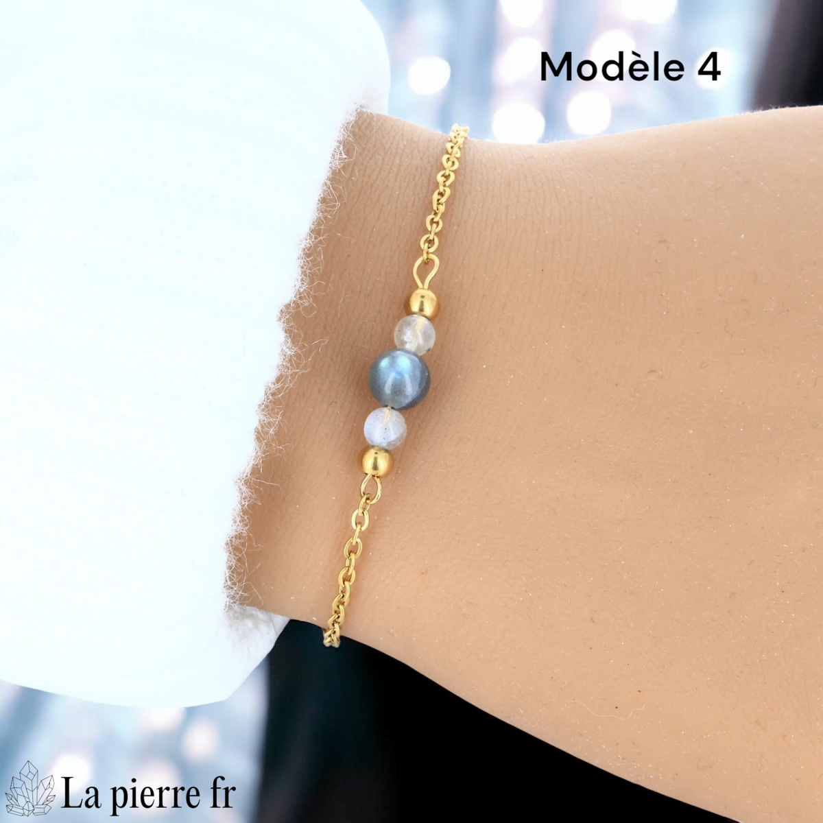 Bracelet labradorite perle centrale 6 mm encadrée de deux perles 4 mm