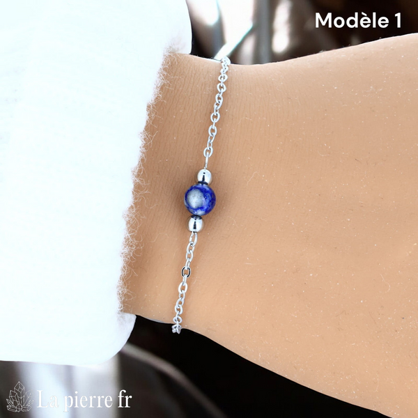Bracelet lapis-lazuli modèle une perle de 6 mm sur chaîne fine argentée