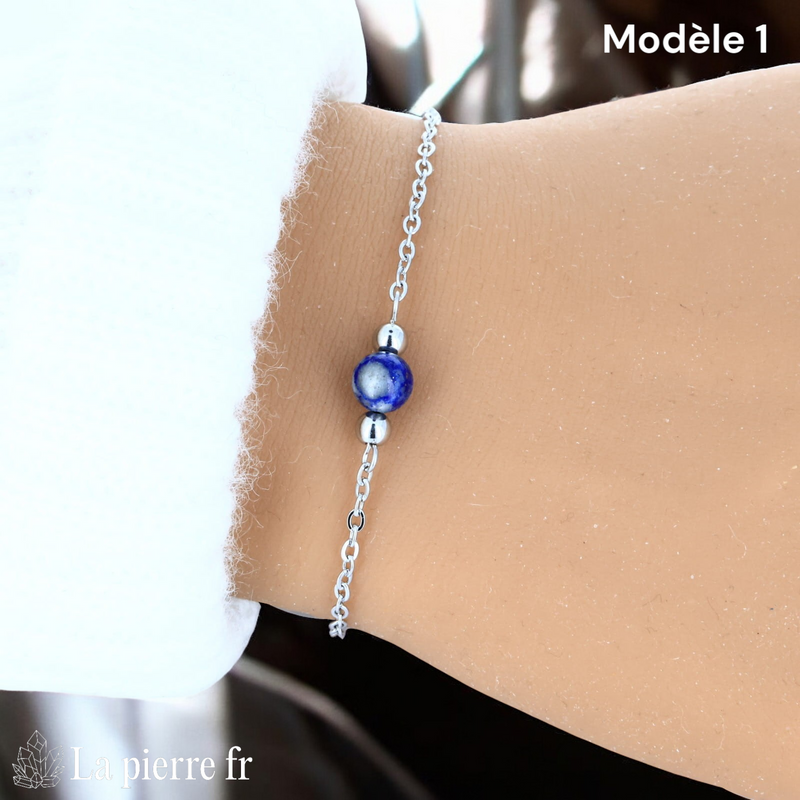 Bracelet lapis-lazuli modèle une perle de 6 mm sur chaîne fine argentée