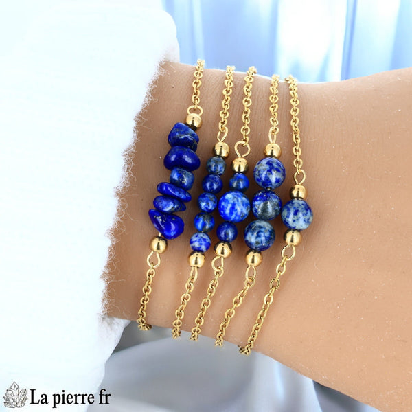 Bracelet en lapis-lazuli naturel sur chaîne dorée en acier inoxydable