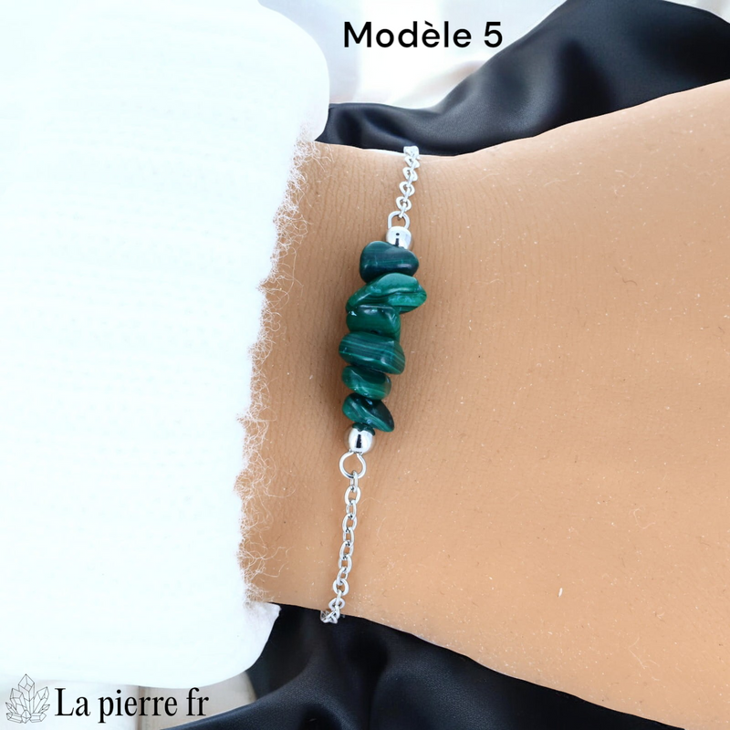 Bracelet malachite brute d'environ 2 cm sur chaîne argentée