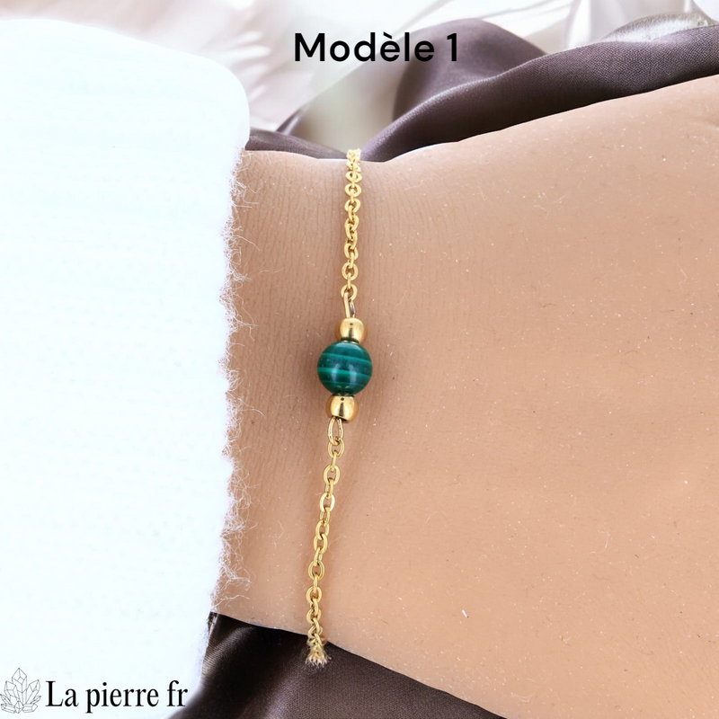 Bracelet malachite modèle une perle de 6 mm sur chaîne fine dorée
