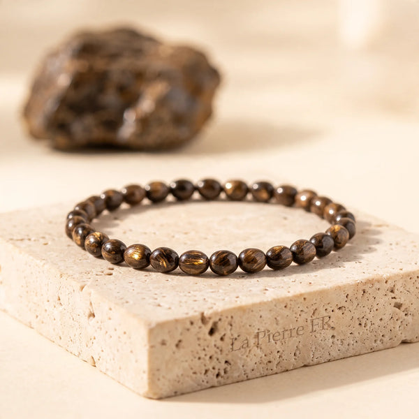 Bracelet homme en bronzite, pierres roulées marron aux reflets bronze sur élastique