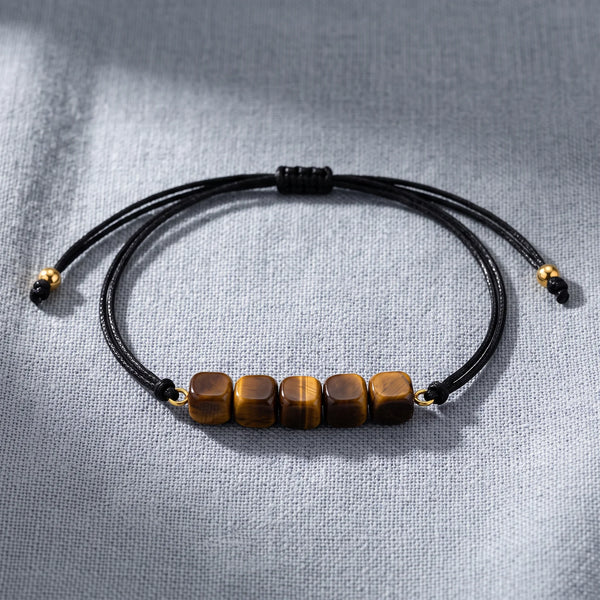 Bracelet pierre naturelle marron KUBIK® en œil de tigre, cordon coulissant