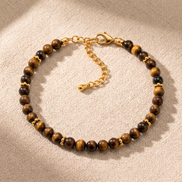 Bracelet pierre naturelle marron ORÉLIA® en perles d'œil de tigre de 4 mm, rondelles fleurs dorées