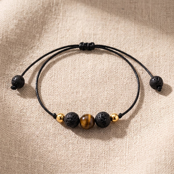 Bracelet pierre naturelle marron LAVIA® en œil de tigre et pierre de lave, cordon coulissant