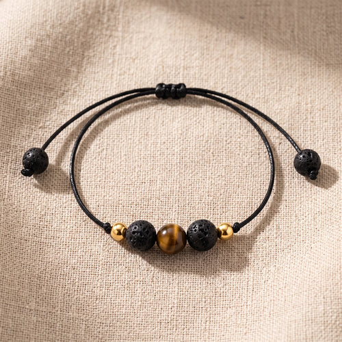 Bracelet Œil de Tigre et Pierre de Lave LAVIA®, Cordon Coulissant Noir