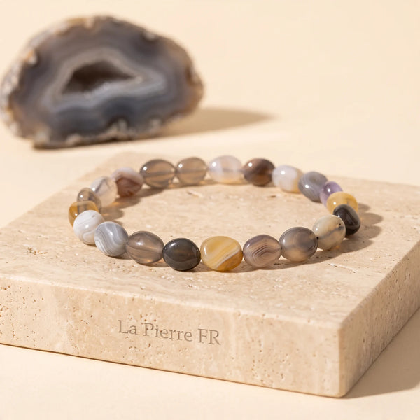 Bracelet en agate multicolore, pierres roulées grises, miel et rubanées en pierre naturelle